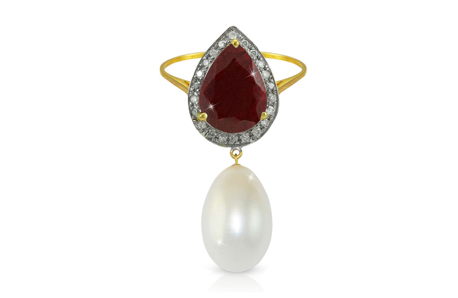 Vera Perla 18K Gold 0.12ct Diamonds, Royal Indian Ruby and 13mm Pearl Ring
